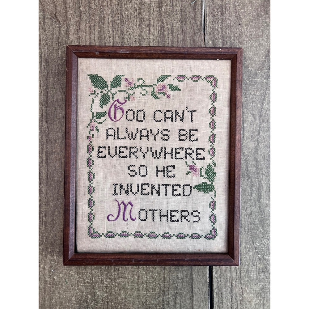 Vintage God Invented Mothers Linen Cross Stitch Needlepoint Wooden Framed Rustic